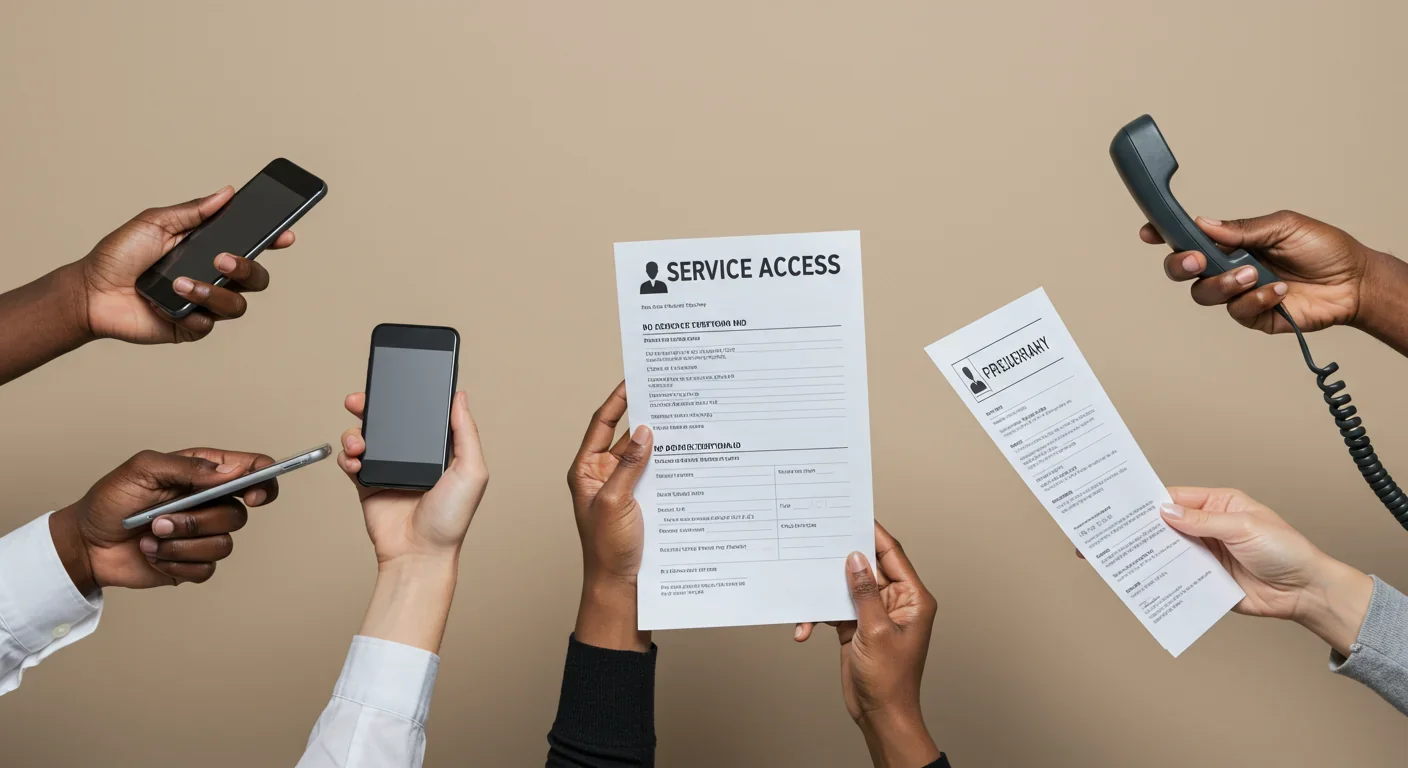 Hands holding smartphone, paper form, and phone representing different service access methods