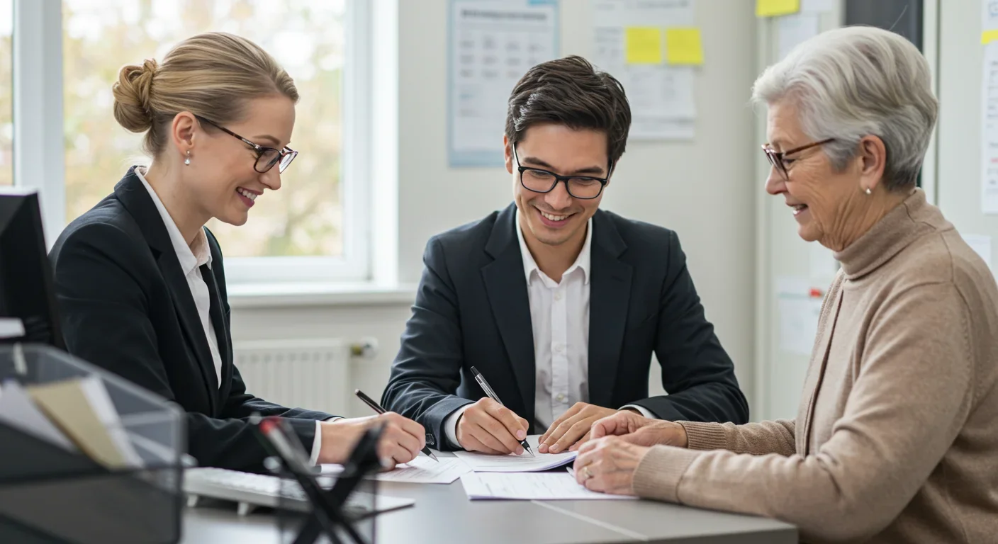 Customer service representative assisting elderly client with paper forms in office
