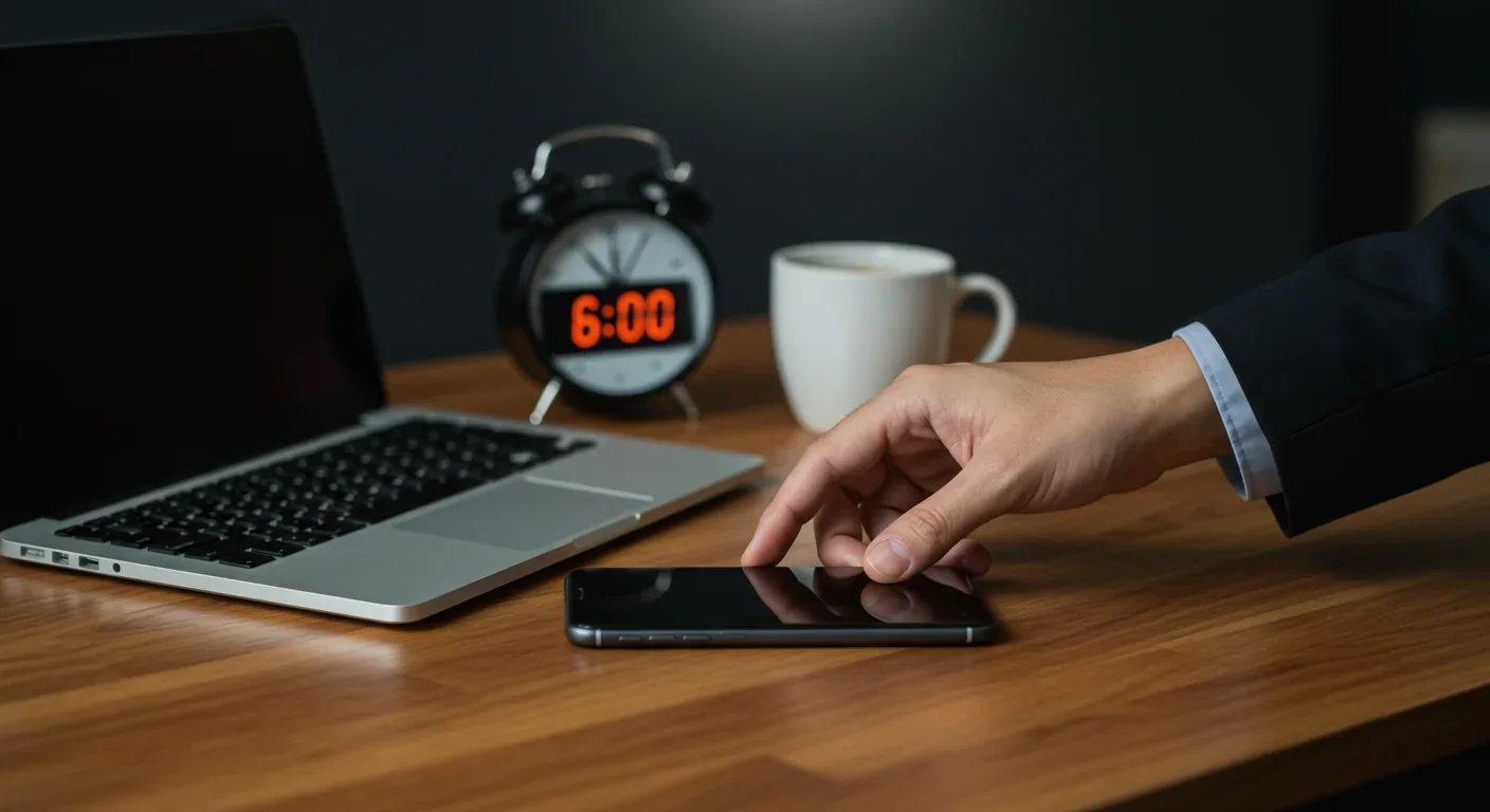 Professional placing smartphone face-down on desk at end of workday, symbolizing disconnect from after-hours work communication