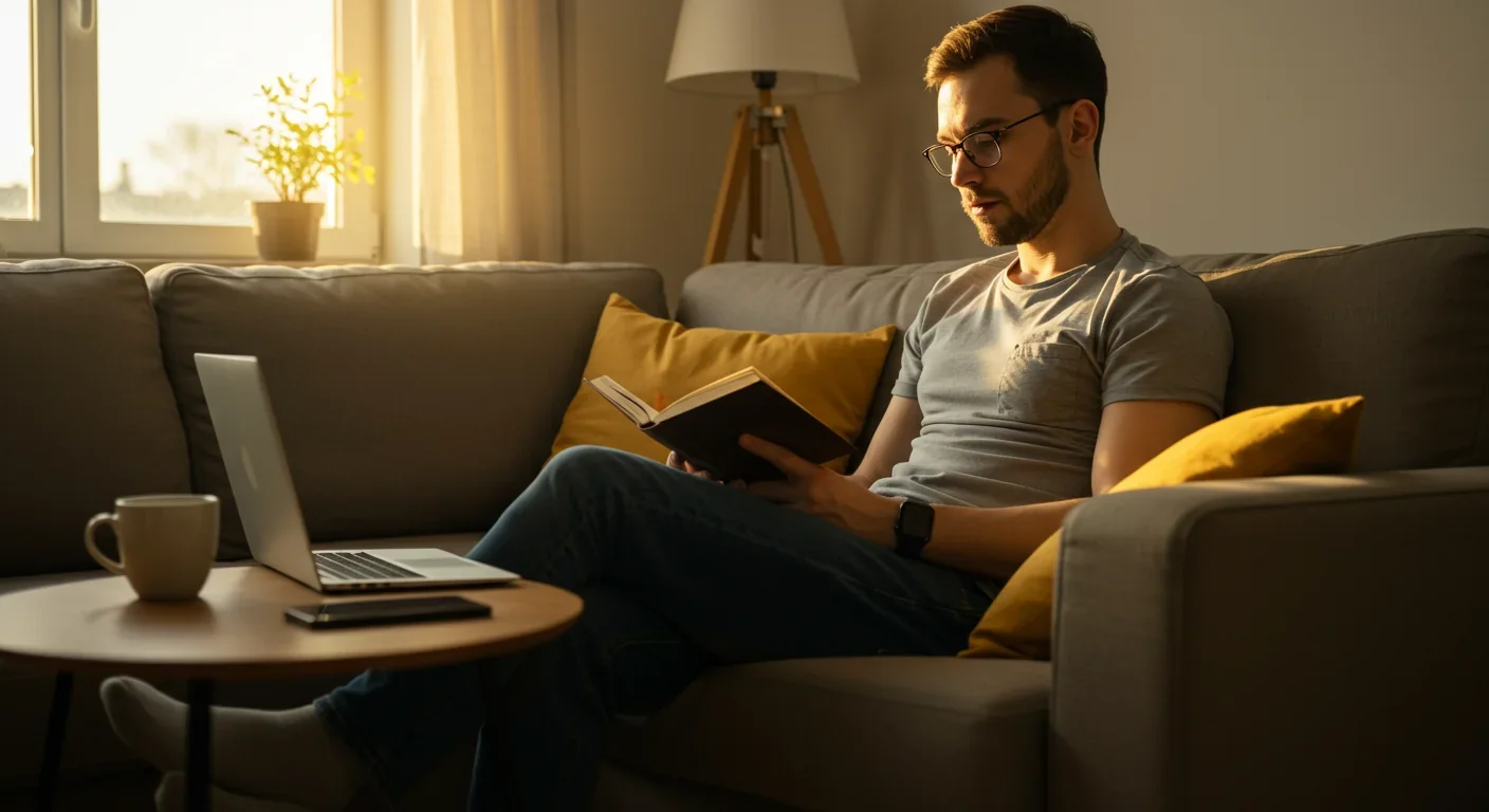 Young professional relaxing at home with phone silent nearby, enjoying personal time protected by disconnect laws