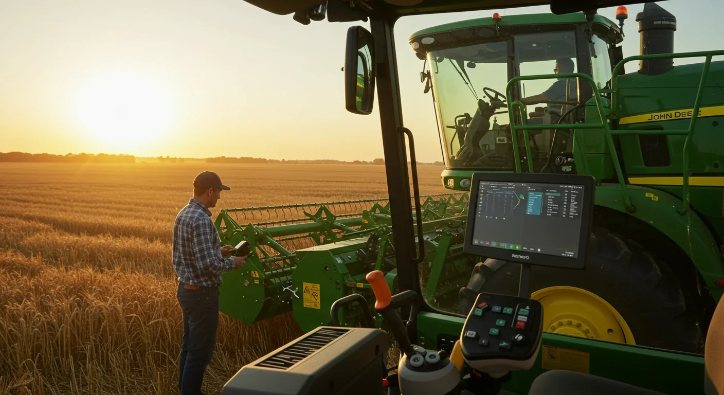 Modern computer-controlled agricultural tractor in wheat field with digital display