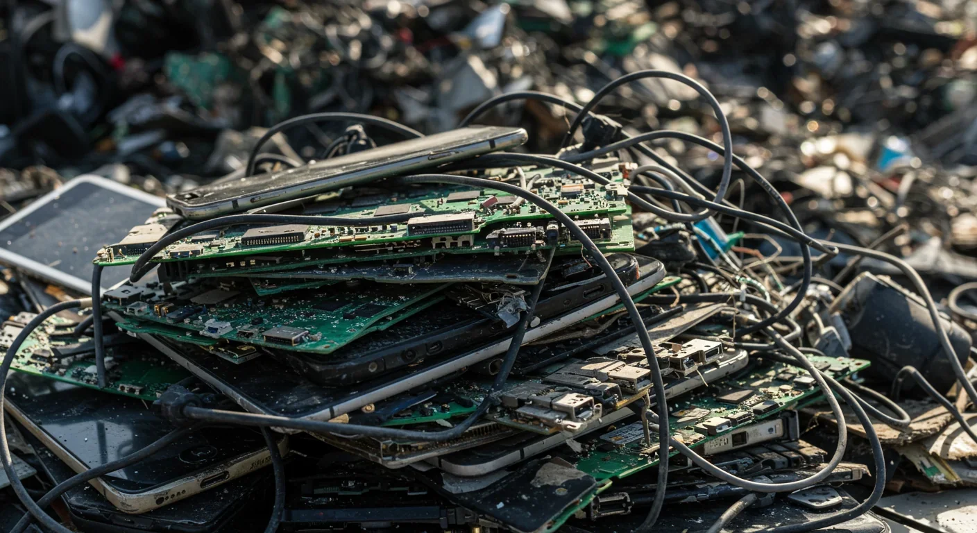 Pile of electronic waste showing discarded smartphones and circuit boards in landfill