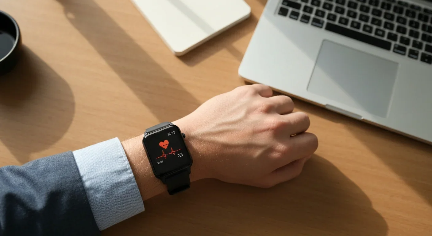 Close-up of an adult wearing a smartwatch showing heart rate data on a wooden desk