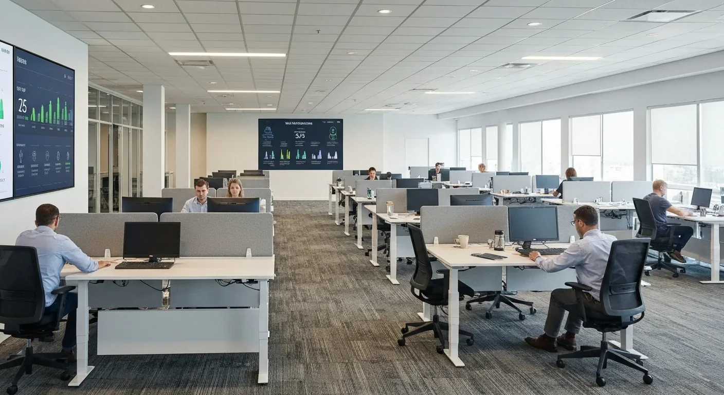 Modern corporate office with a wellness metrics dashboard displayed on a wall screen
