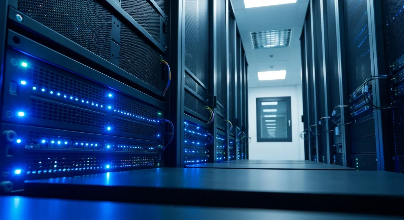 Rows of illuminated servers in a modern data center representing health data storage