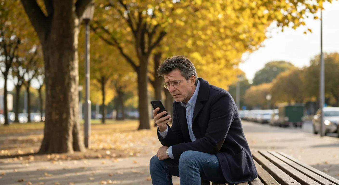 Adult sitting on a park bench checking health data on a phone with a worried expression