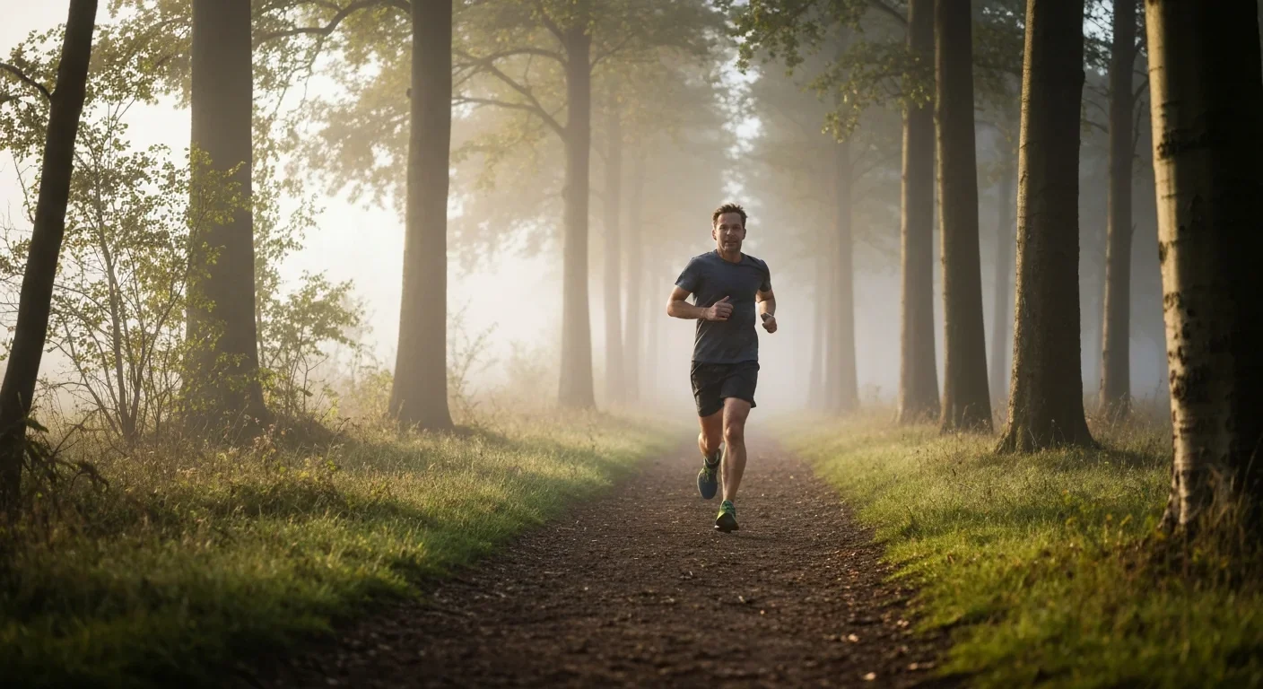 Adult running freely on a forest trail without wearable devices in morning fog