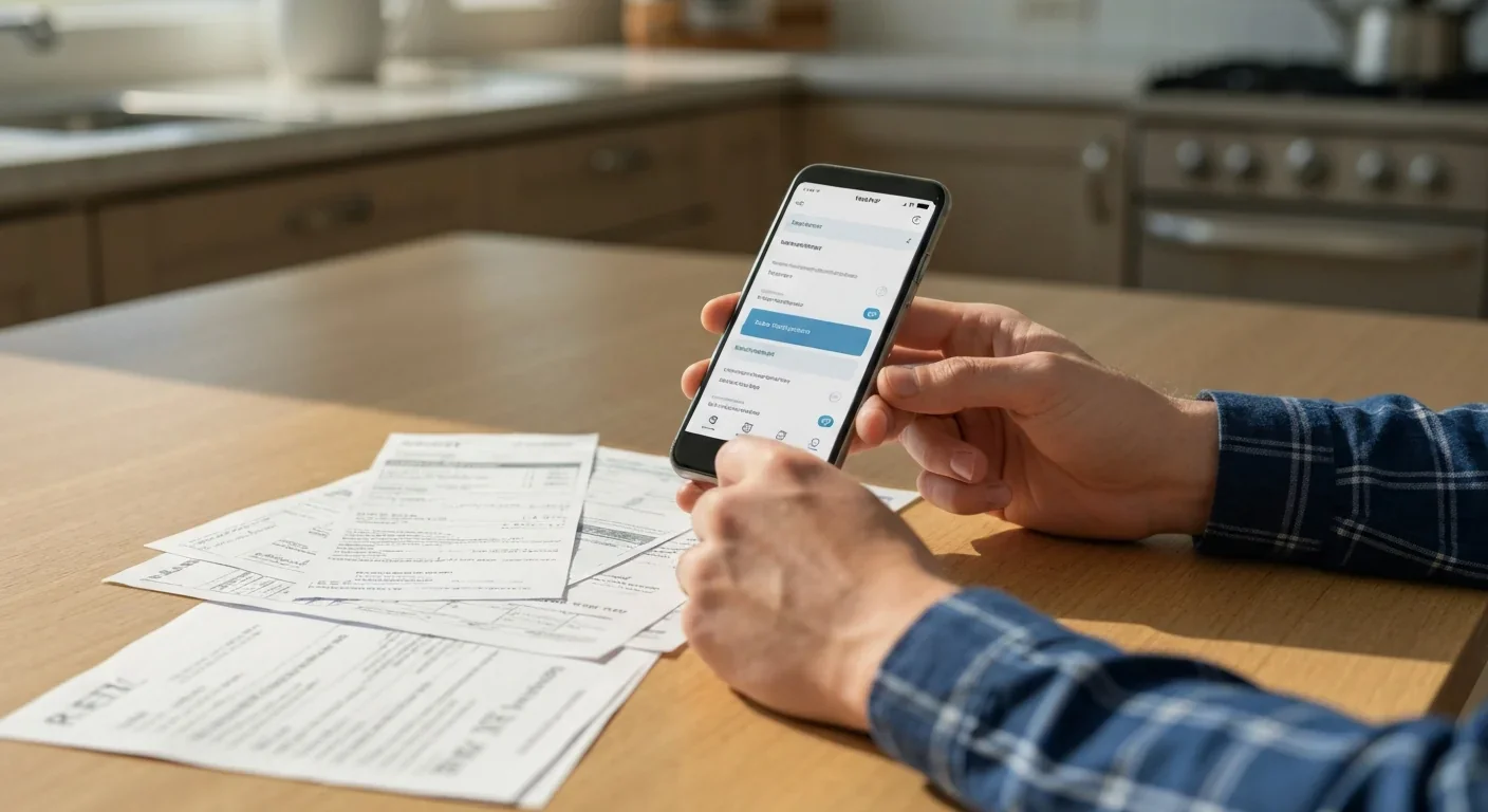 Person managing utility bills and rent payments on smartphone at kitchen table