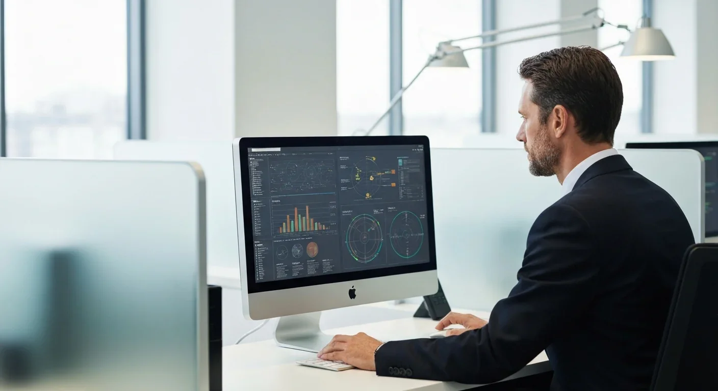 Banking professional analyzing credit algorithms and data visualizations on computer screen