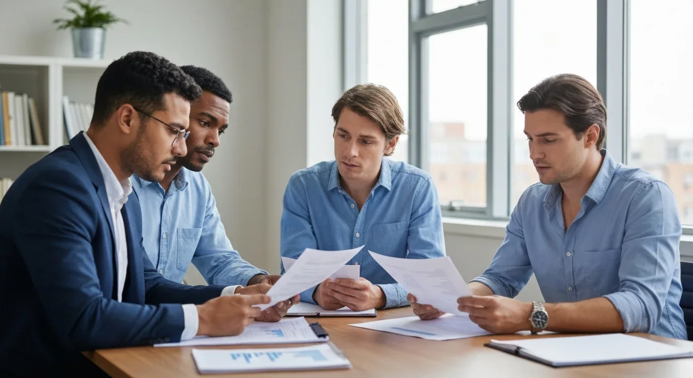 Diverse group of adults reviewing financial documents with concerned expressions in office meeting