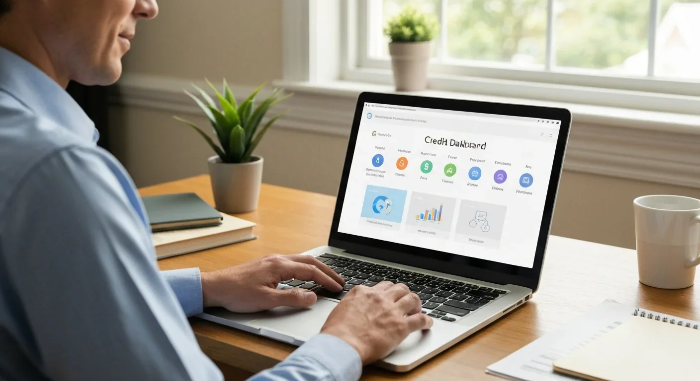 Person confidently managing credit profile and financial data on laptop in home office