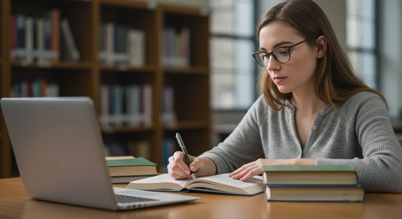 Young mother studying with textbooks and laptop at university library