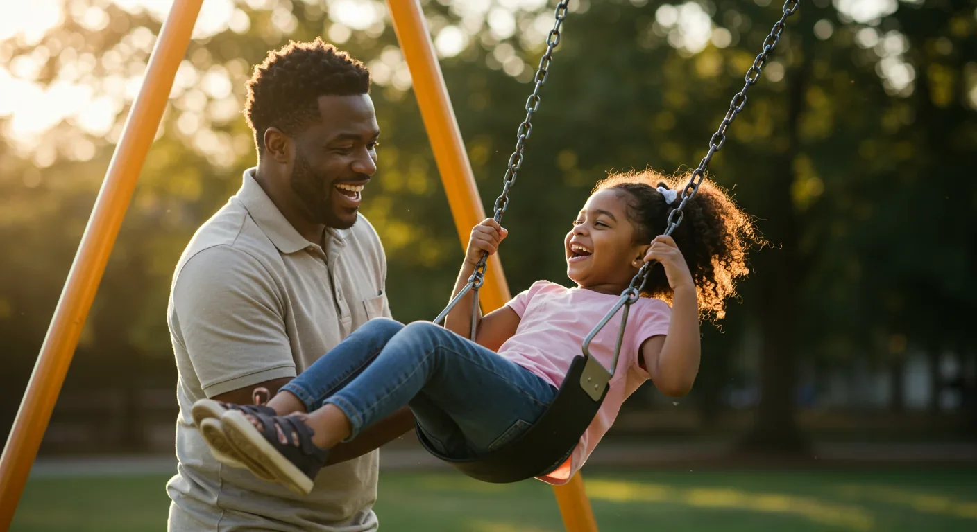 Father pushing daughter on swing at playground during golden hour