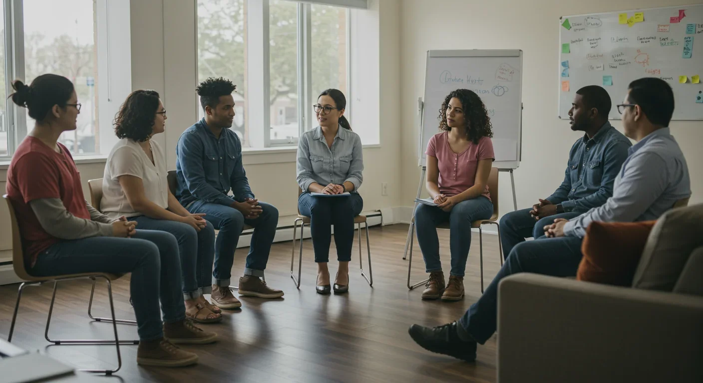 Diverse single parents meeting with counselor in community support group setting