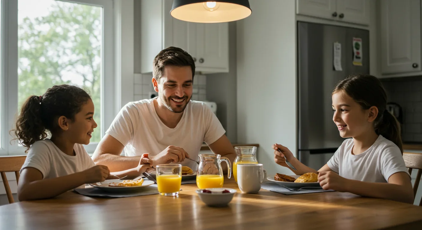 Single parent and two children sharing breakfast at kitchen table in morning light