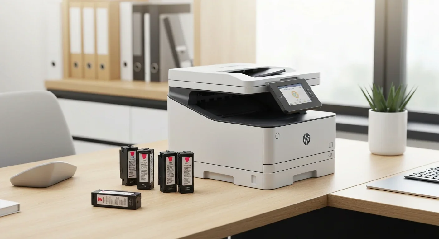 HP printer displaying error message with rejected third-party ink cartridges