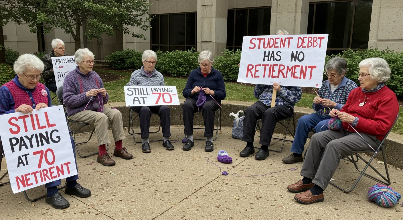 Senior citizens protesting decades of unpaid student debt with a knit\u002Din demonstration