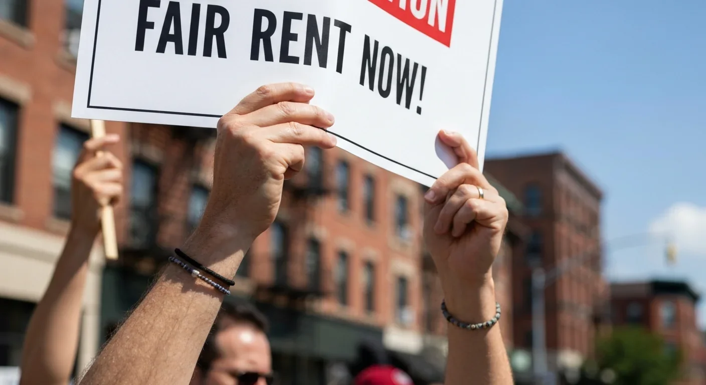 Tenant union member holding protest sign at housing rights demonstration