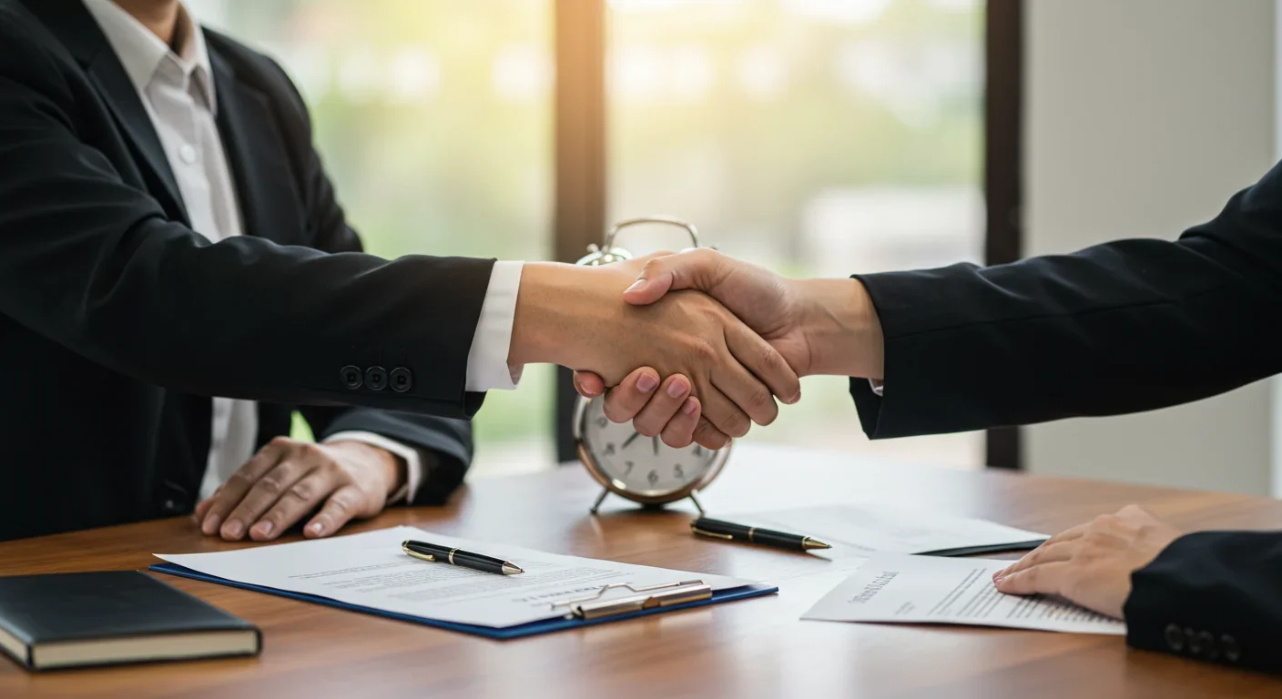 Two people making a time banking agreement with clock in background
