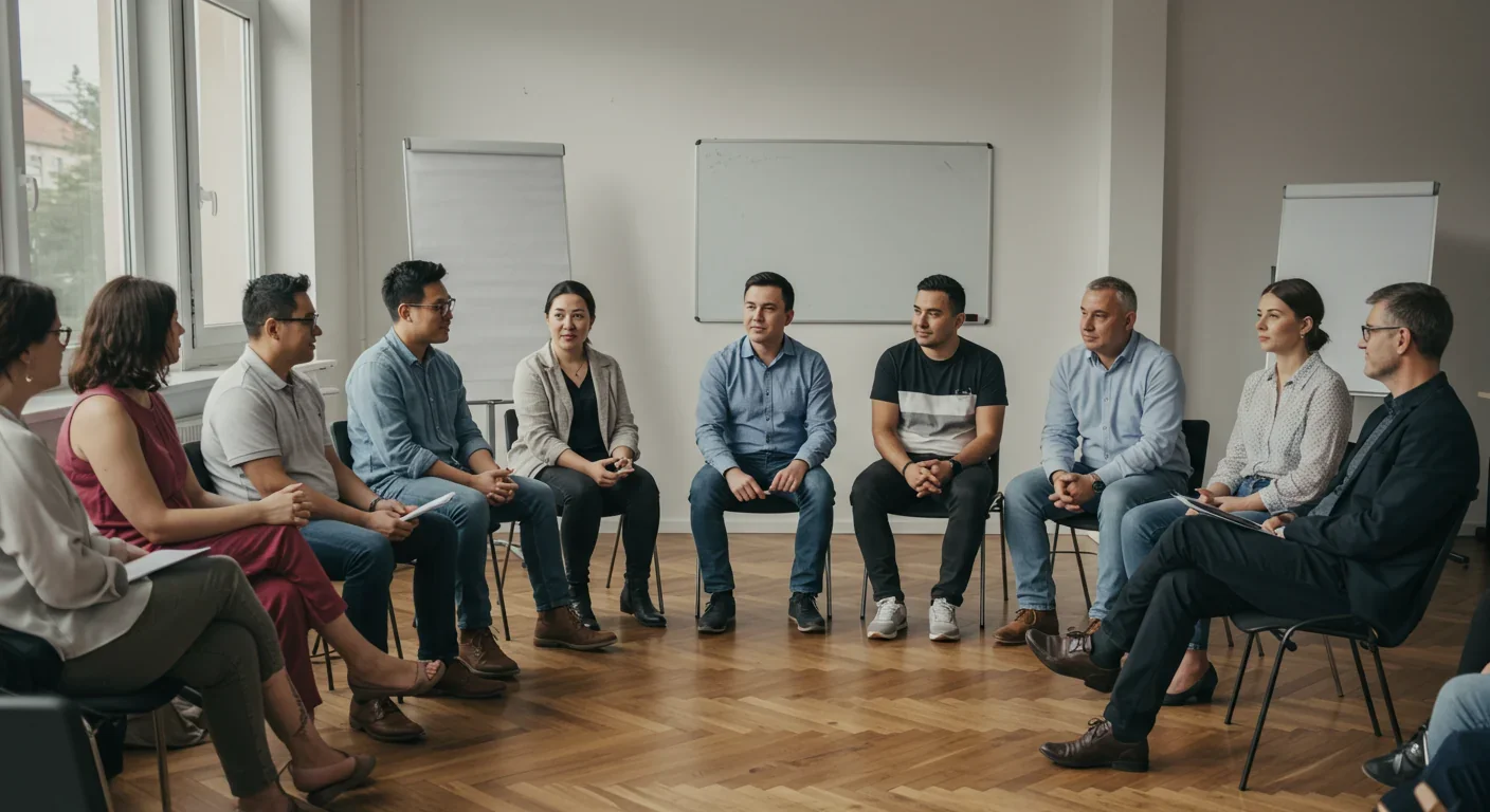 Time bank members gathering for community meeting