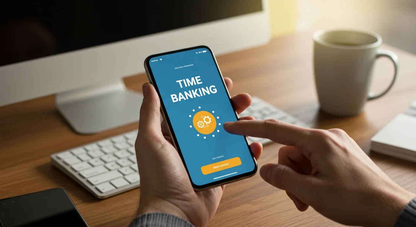 Time banking member using digital platform on smartphone