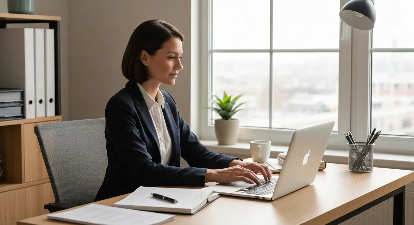 Professional adult woman balancing work responsibilities from home office environment