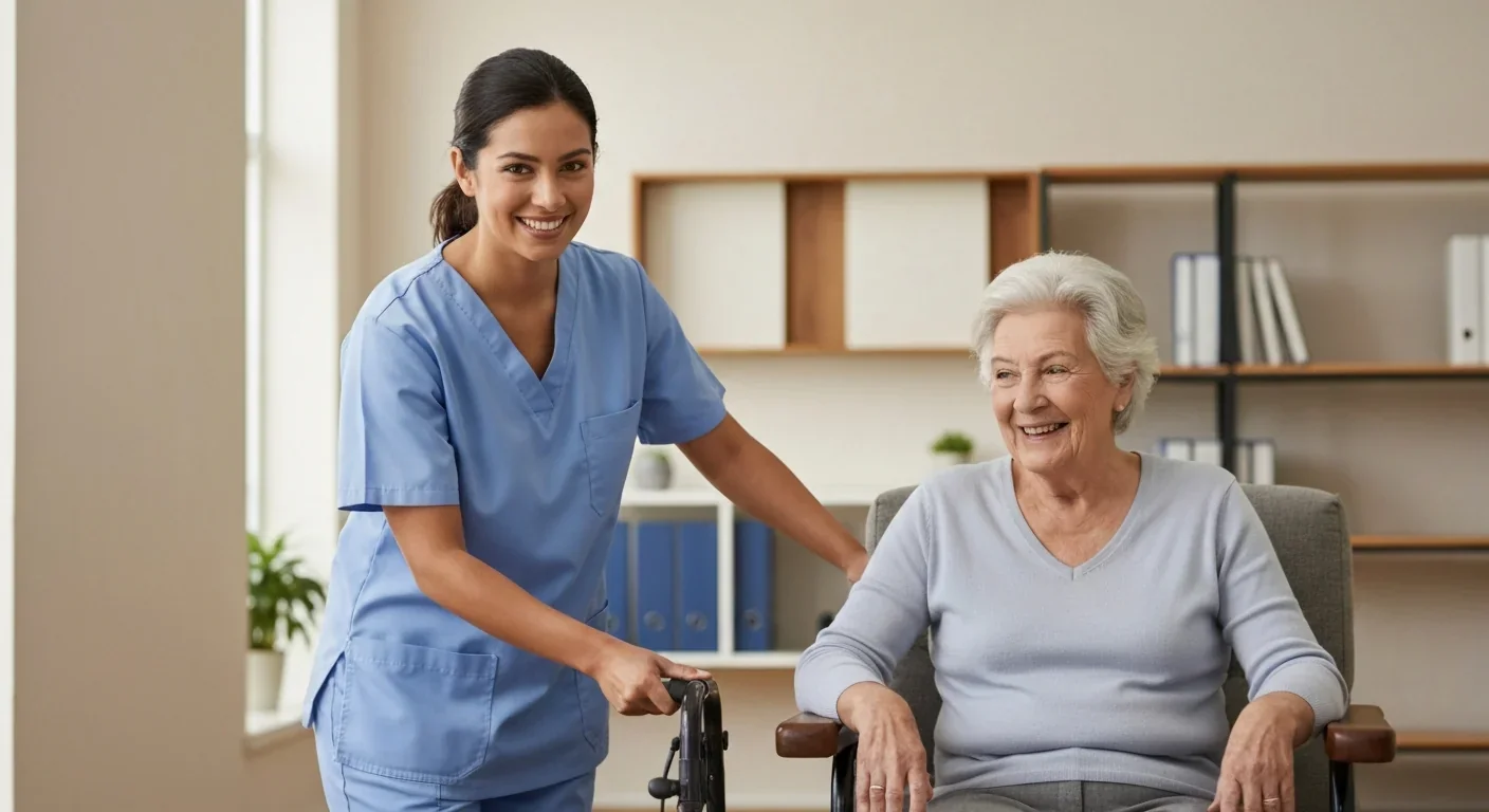 Professional home care worker providing mobility assistance to elderly adult in home setting