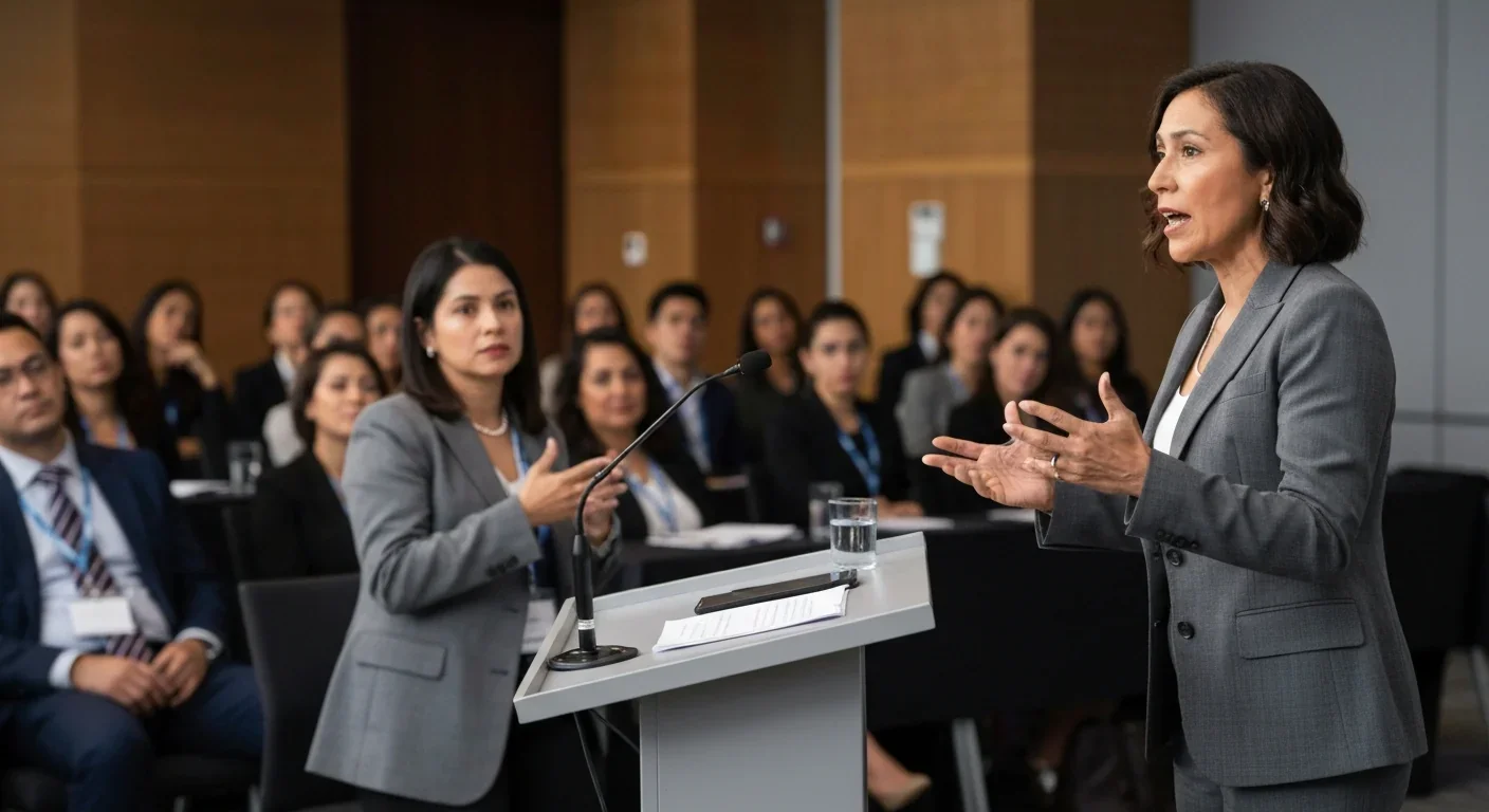 Professional adult woman presenting at business conference demonstrating career advancement