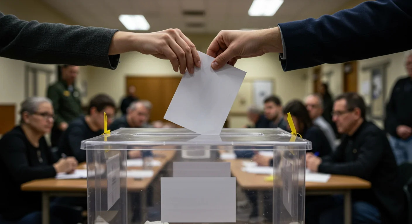 Diverse citizens participating in a town hall meeting in a community center with raised hands