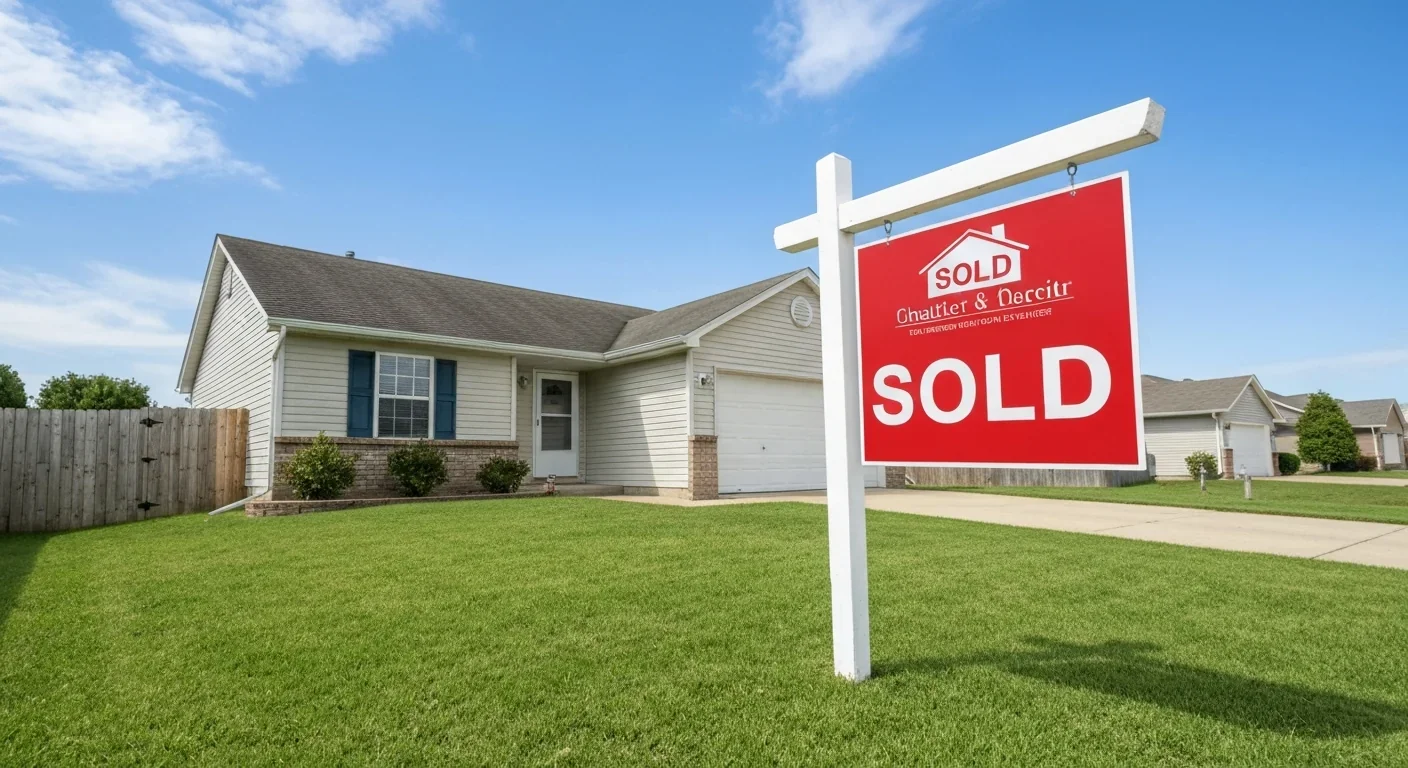 Real estate sold sign in front of a suburban single-family home with blue sky