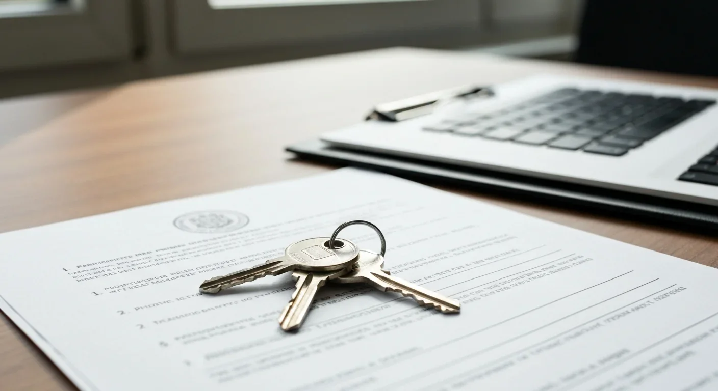 House keys resting on paperwork and documents on a wooden desk in natural light