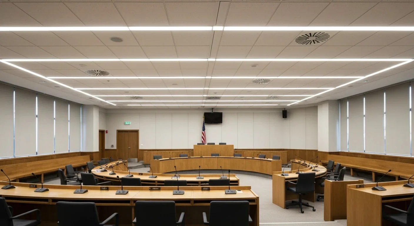 Empty modern city council chamber with wooden benches and microphones on a circular desk
