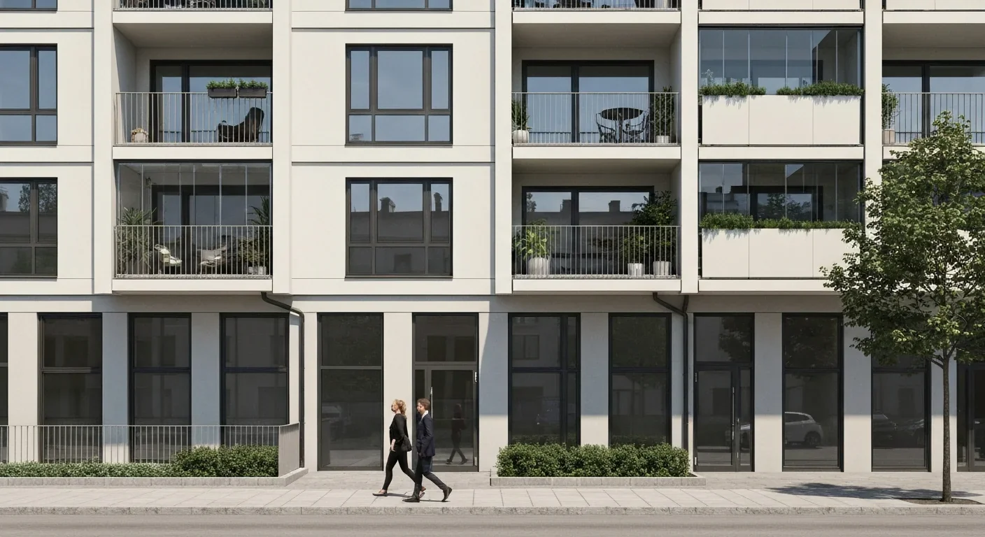 Modern apartment building in Helsinki with clean Scandinavian design and two adults walking