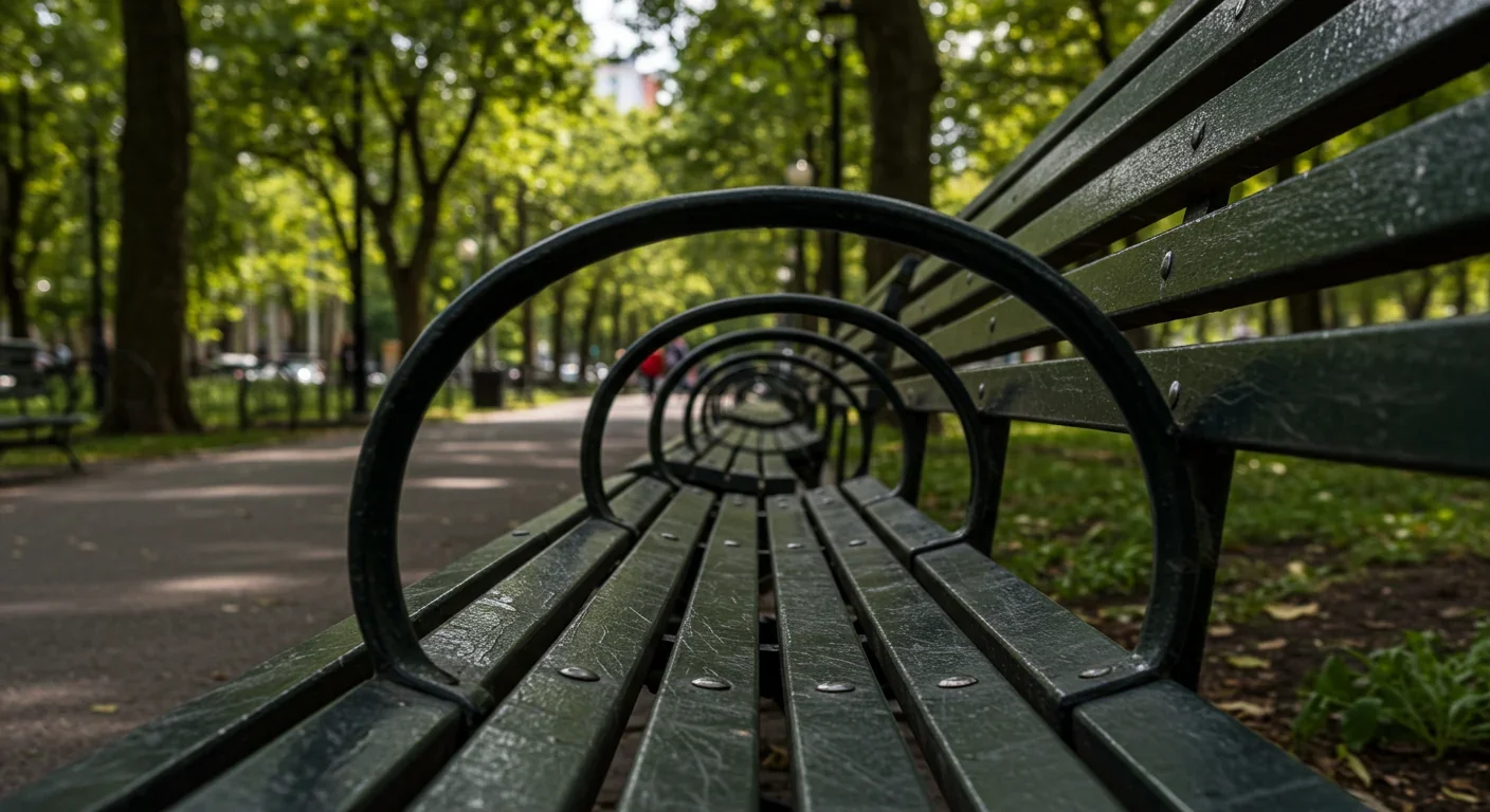 Park bench with armrest dividers showing hostile architecture that discourages public gathering