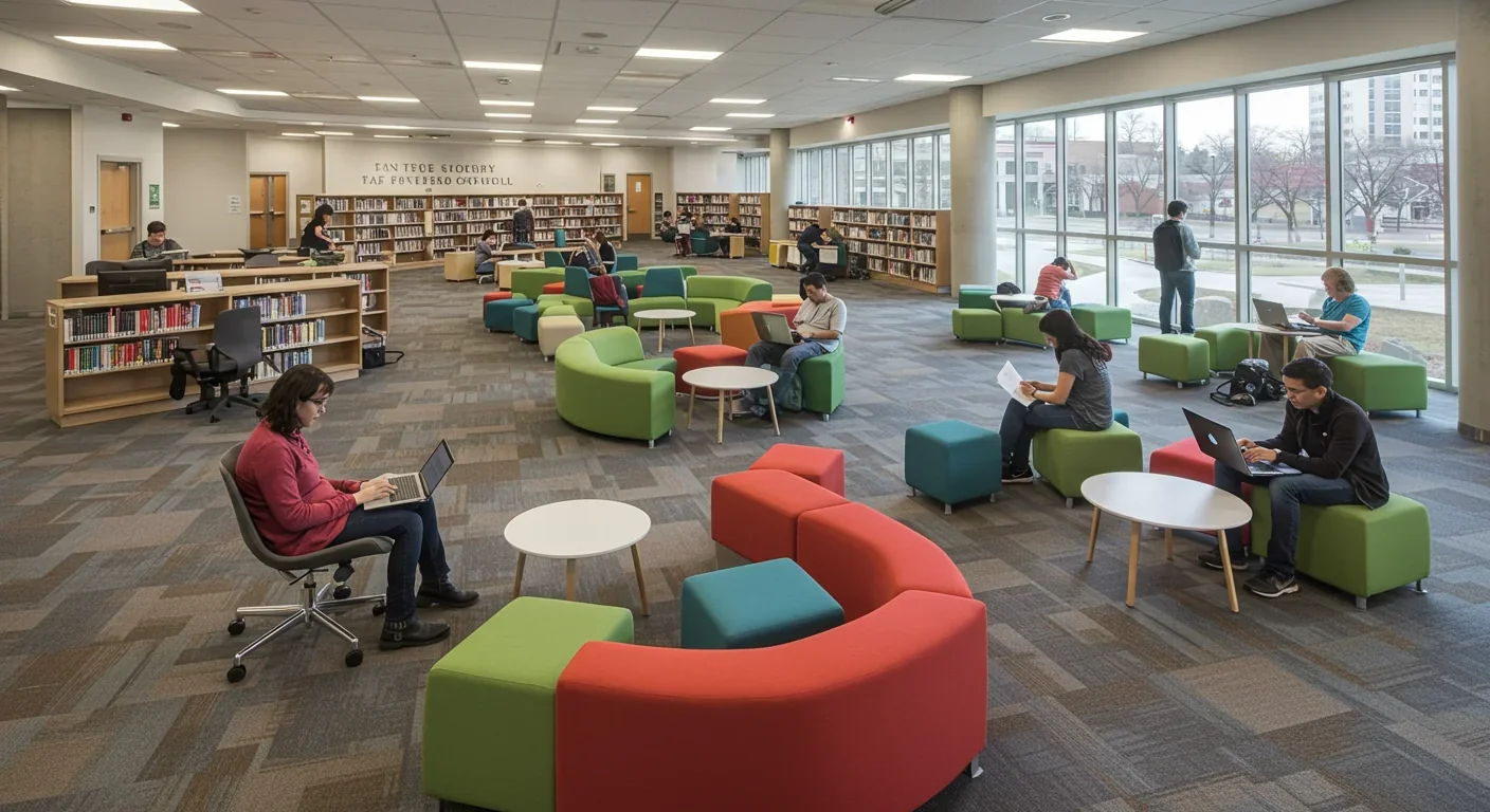Busy public library serving as a community hub with diverse visitors