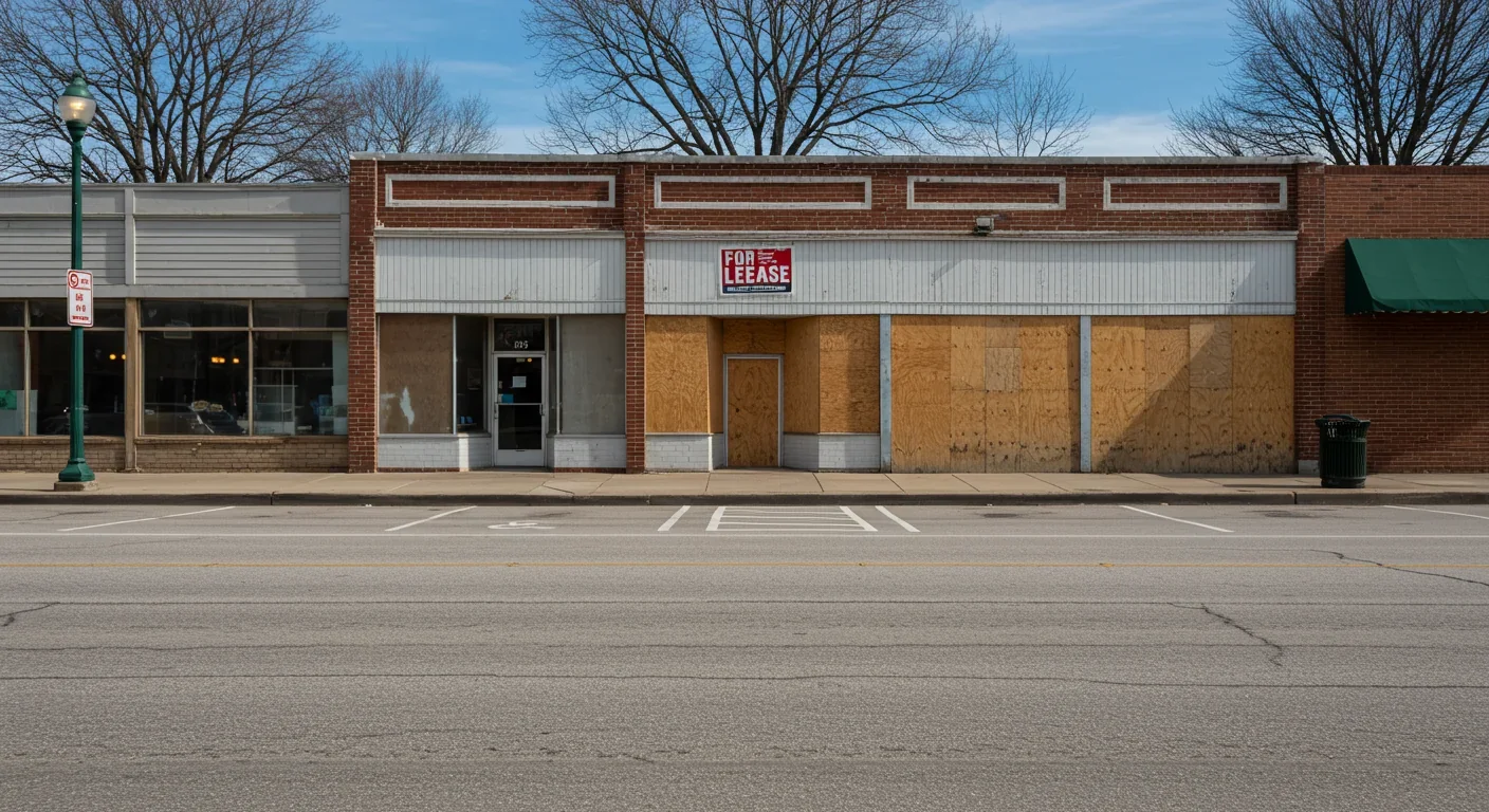 Closed storefront with For Lease sign on quiet urban street symbolizing loss of community spaces