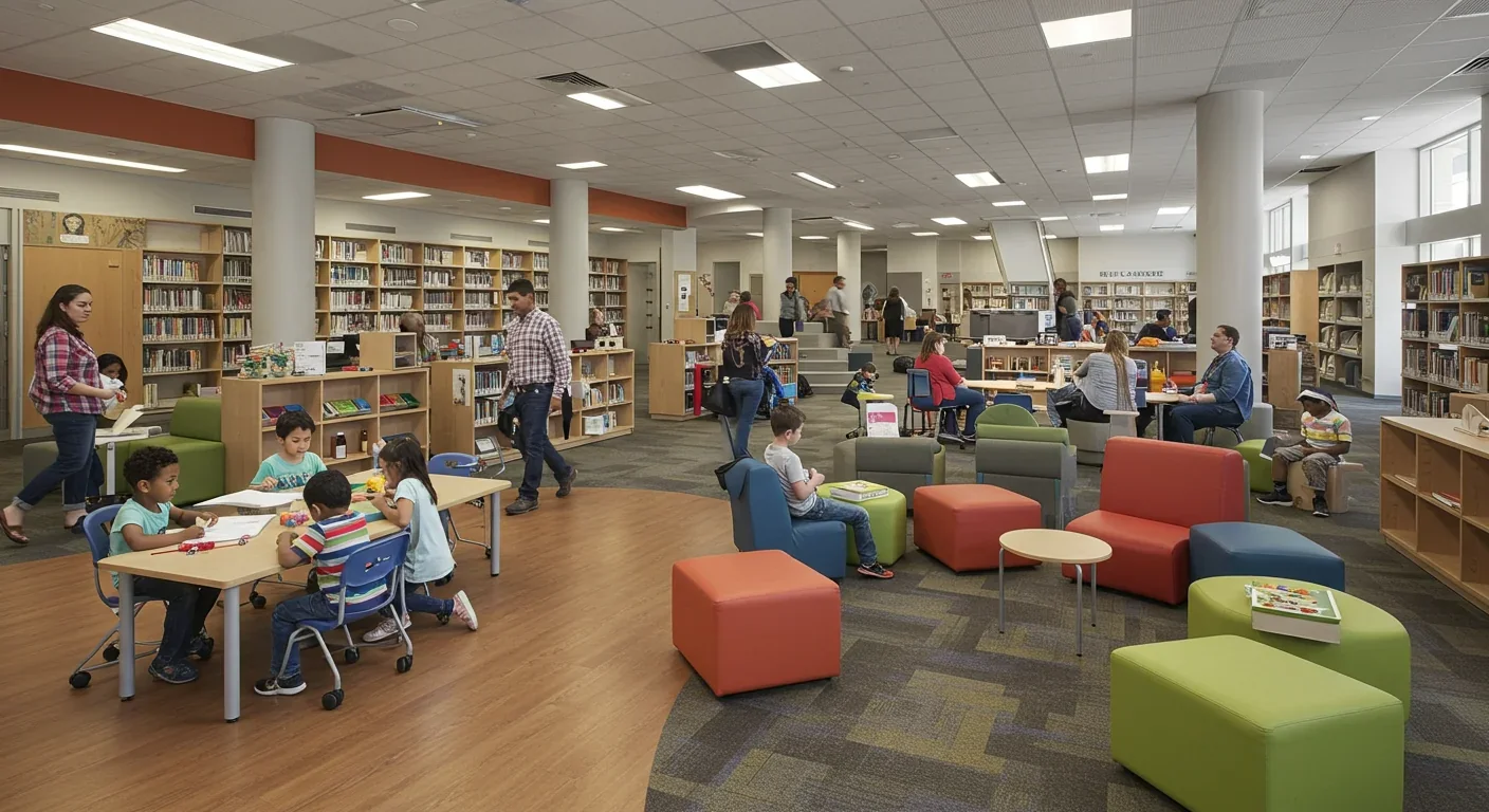 Diverse community members using a modern public library as a welcoming third place gathering spot