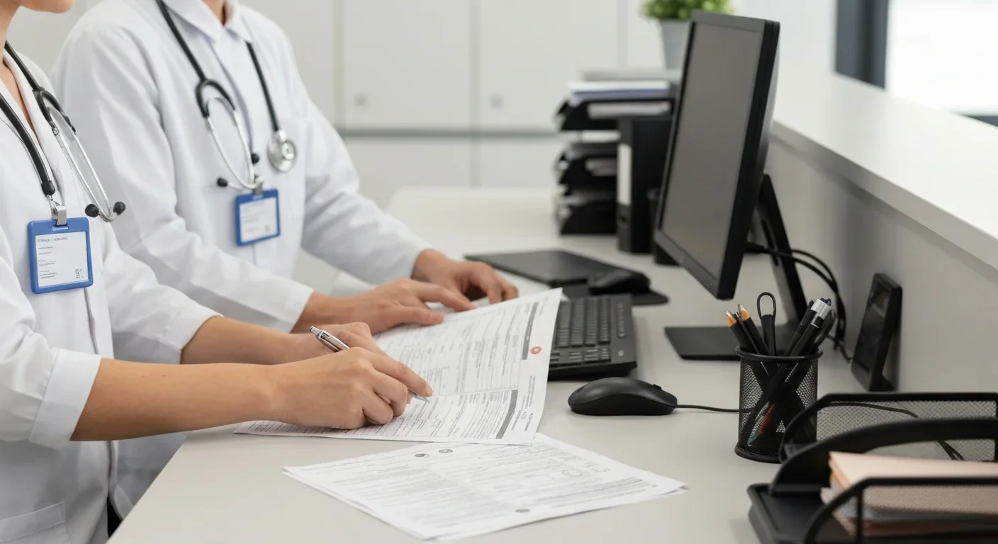 Adult volunteer hands sorting medical paperwork at hospital reception desk