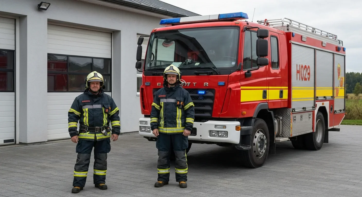 Adult volunteer firefighters in protective gear at rural fire station
