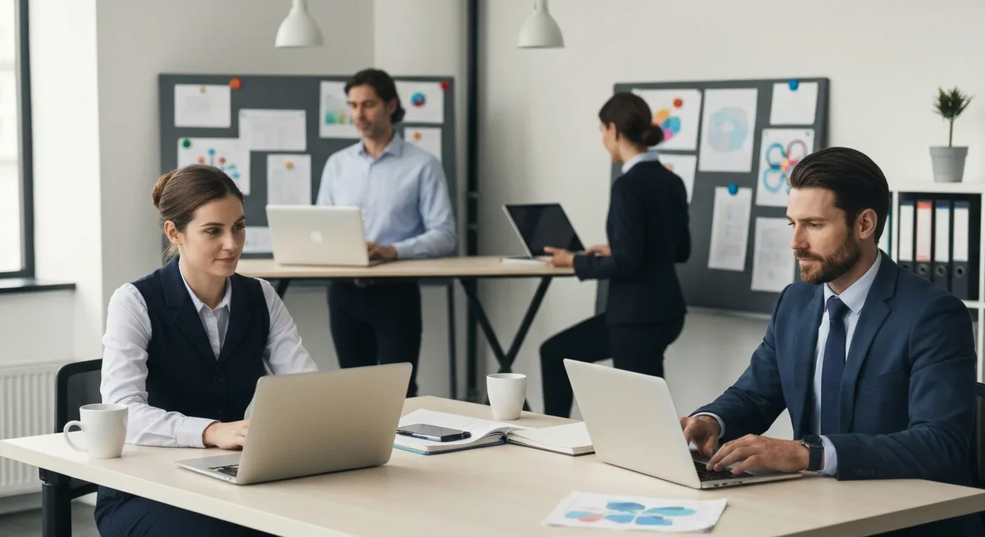 Professional adult volunteers working on laptops in modern nonprofit office