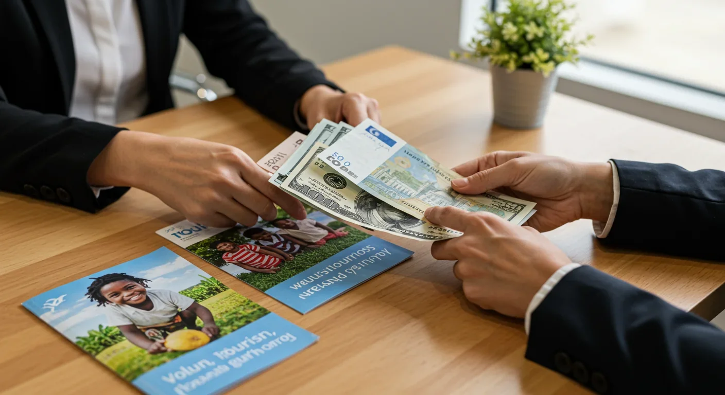 Money changing hands over voluntourism brochures at travel agency desk showing program costs