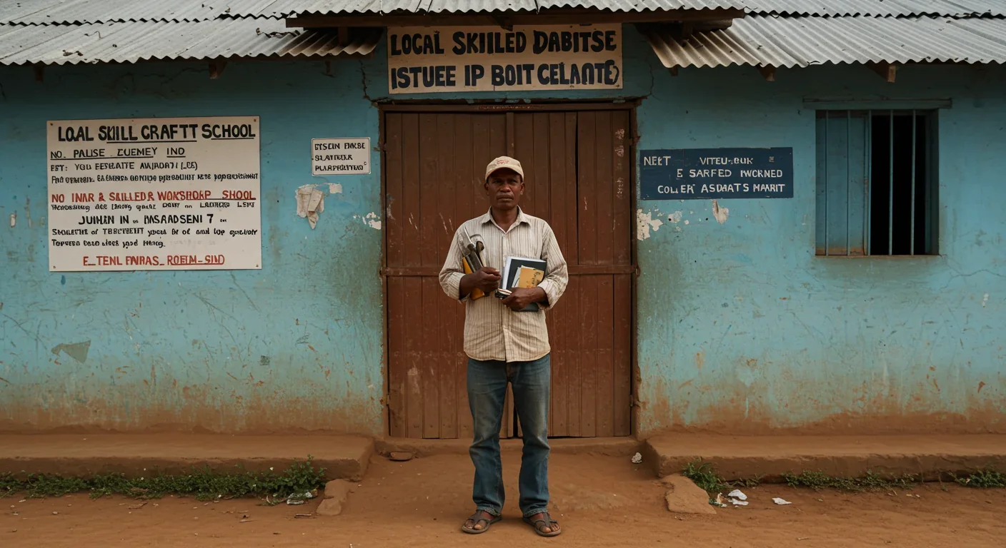 Unemployed local skilled worker standing outside closed facility in rural village holding work tools