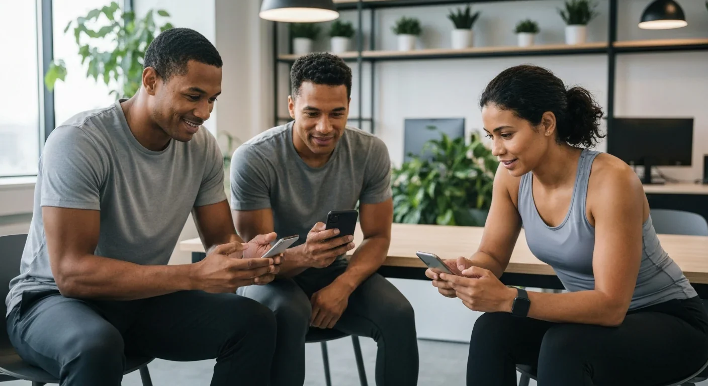 Office workers engaging with wellness apps during workplace wellness program