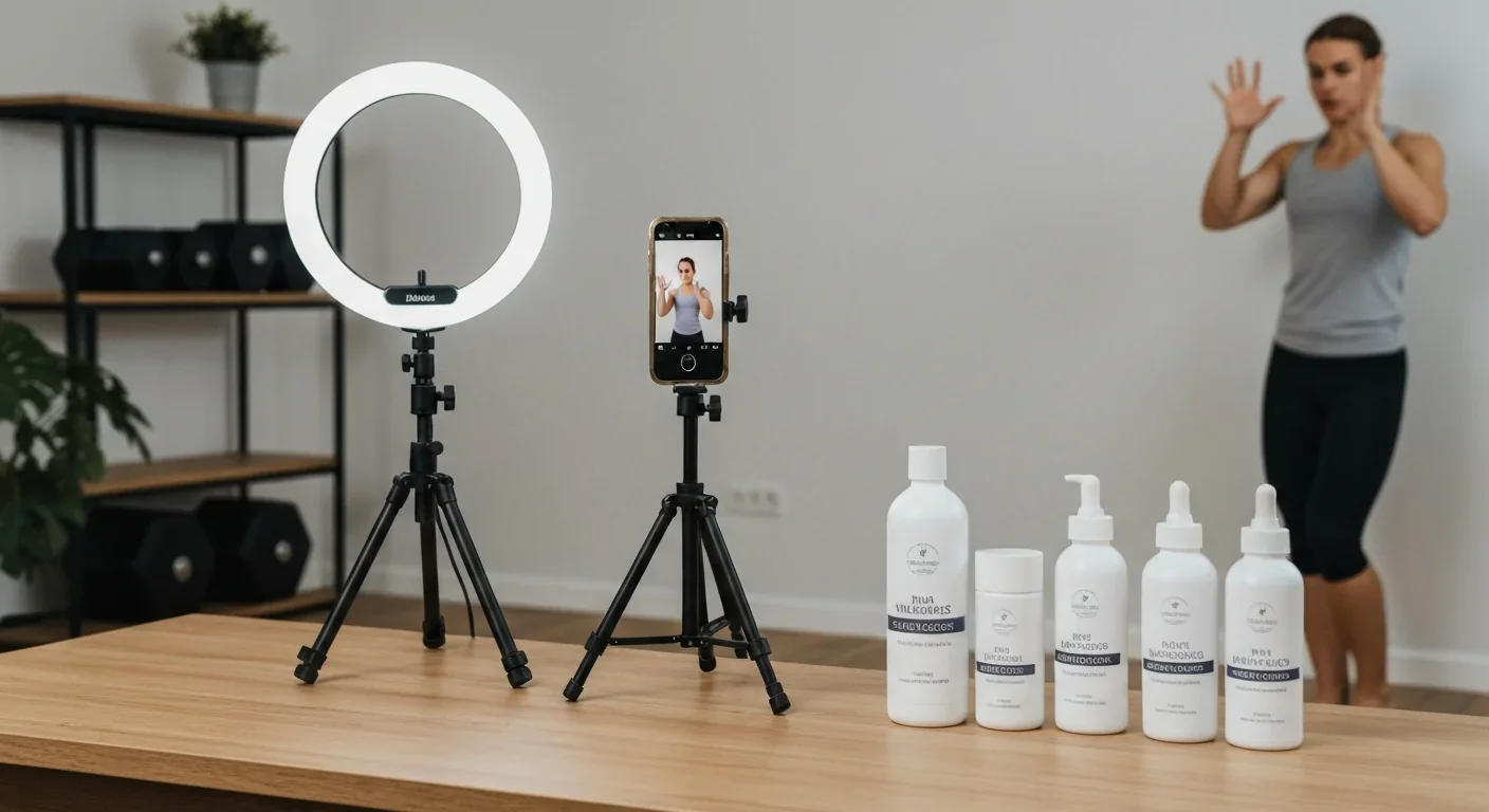 Fitness influencer creating sponsored wellness content in home studio with professional equipment