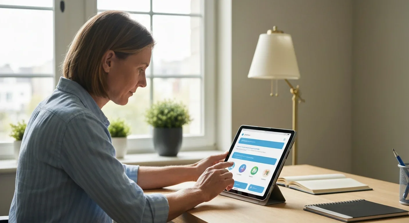 Person using mental health app on tablet in calm home office environment
