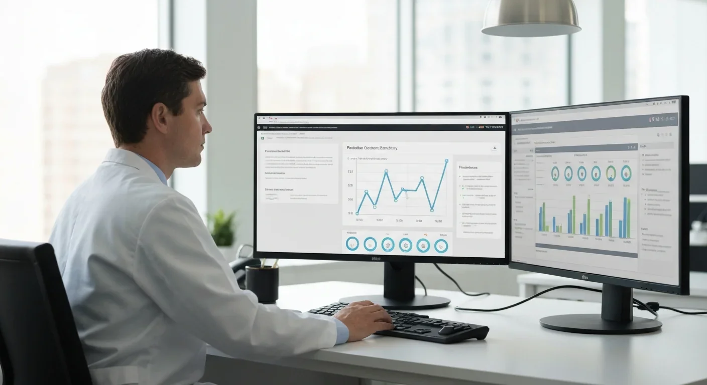 Hospital administrator reviewing patient satisfaction metrics on digital dashboard