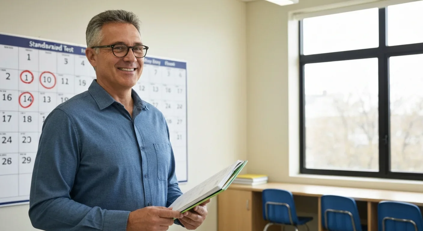 Teacher standing in classroom with standardized test calendar on wall