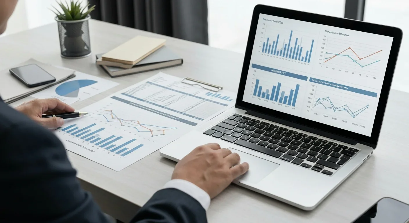Corporate executive desk covered with KPI reports and performance metrics