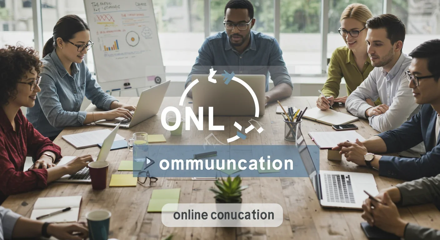 Diverse group discussing online communication around a table with laptops