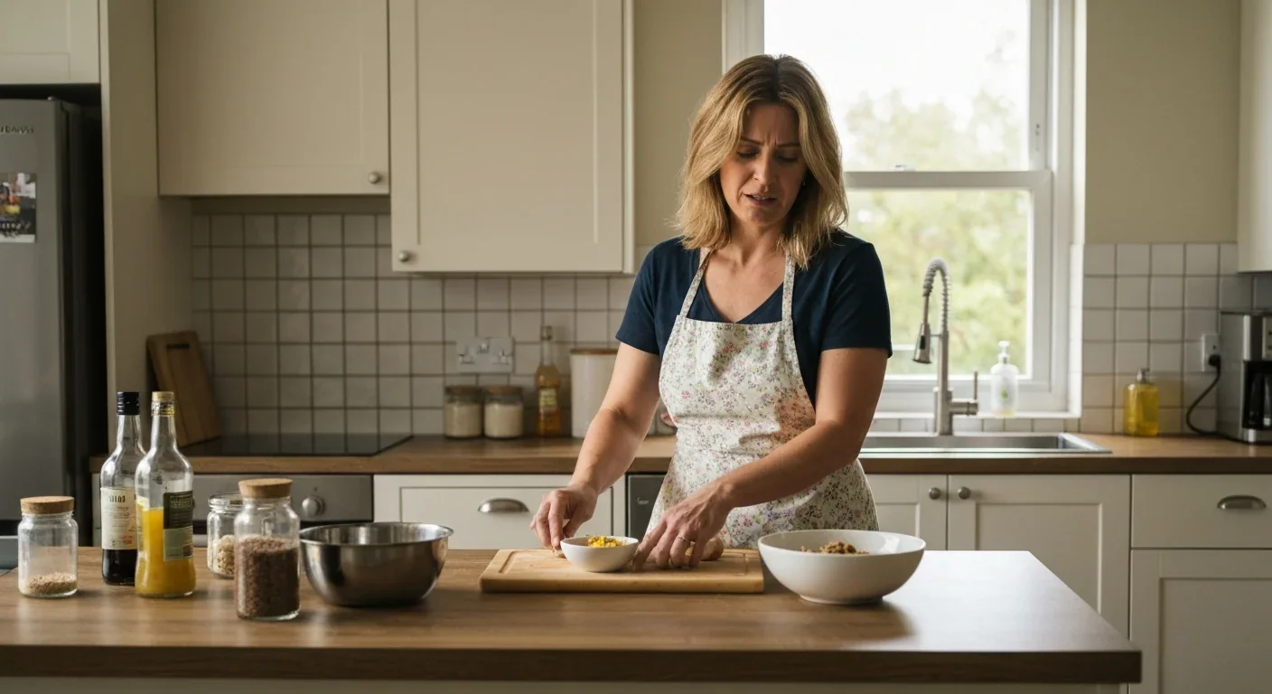 Woman preparing food in a kitchen looking fatigued from household care responsibilities